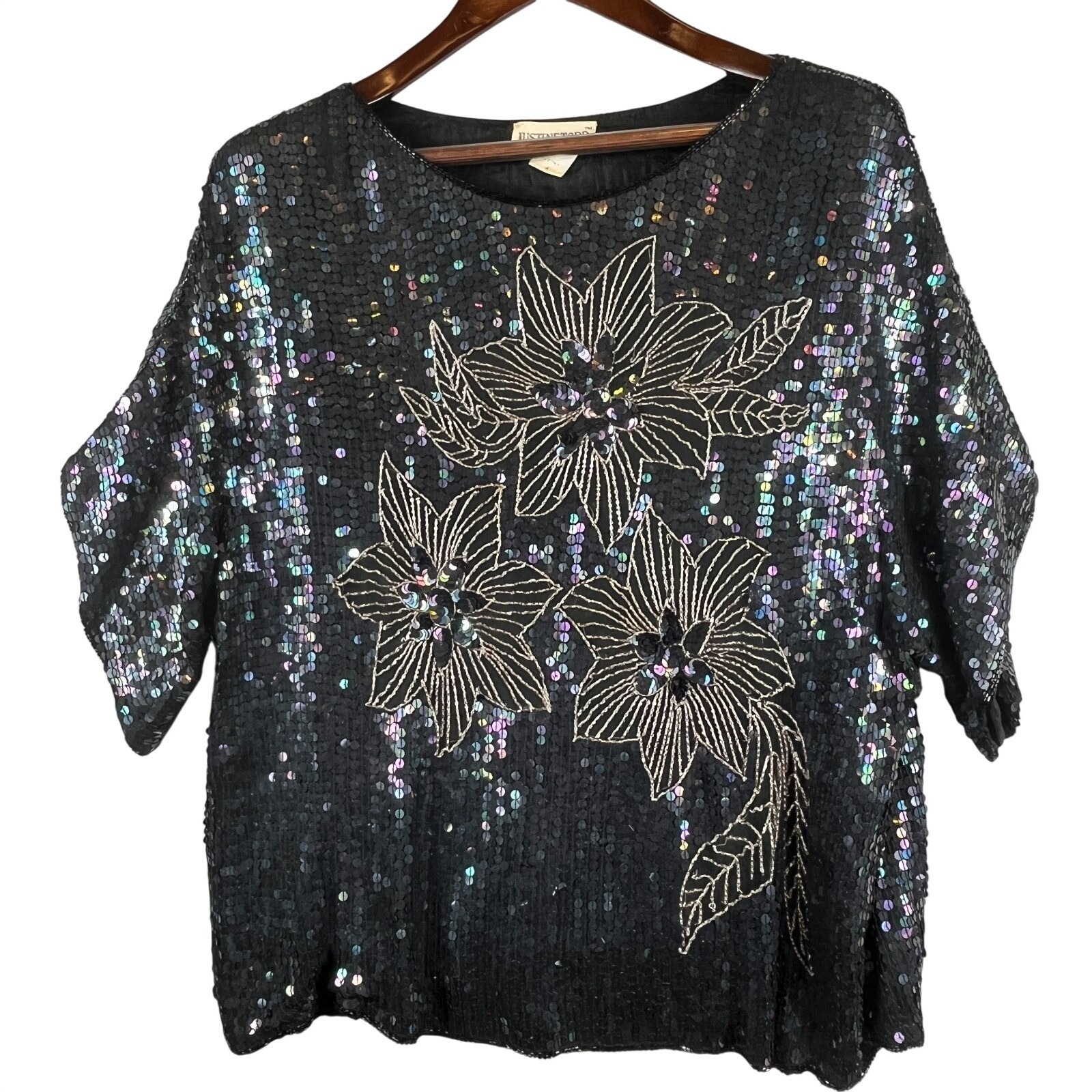 Vintage Womens 1x Sequin Beaded 100% Silk Floral Disco Glam Cocktail Party Top